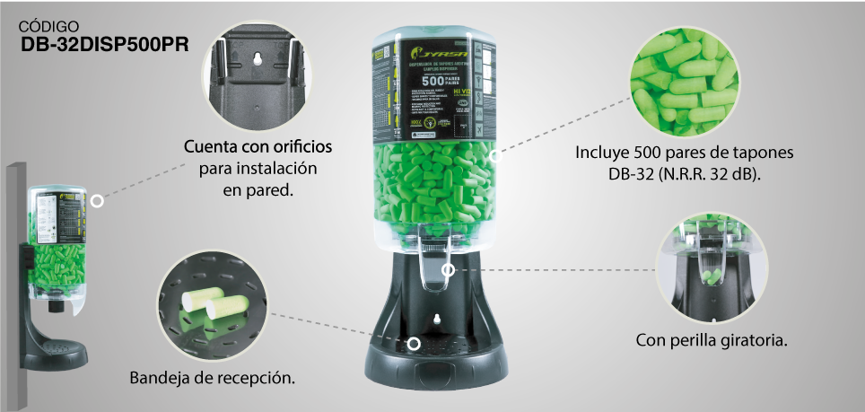 DISPENSADOR CON 500 PARES DE TAPÓN DB-32 SIN CORDÓN NRR 32 DB-32DISP500PR JYRSA