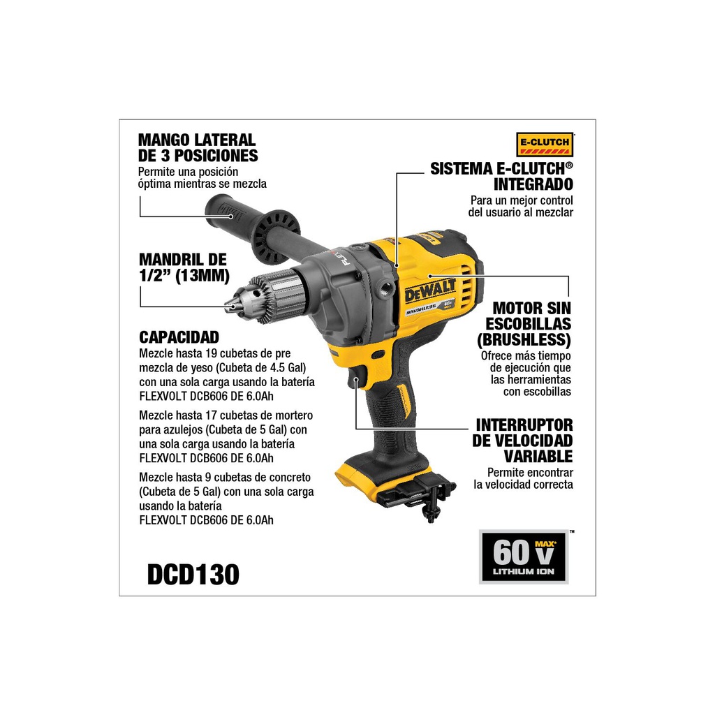 TALADRO MEZCLADOR 1/2" 20V DCD130T1 DEWALT
