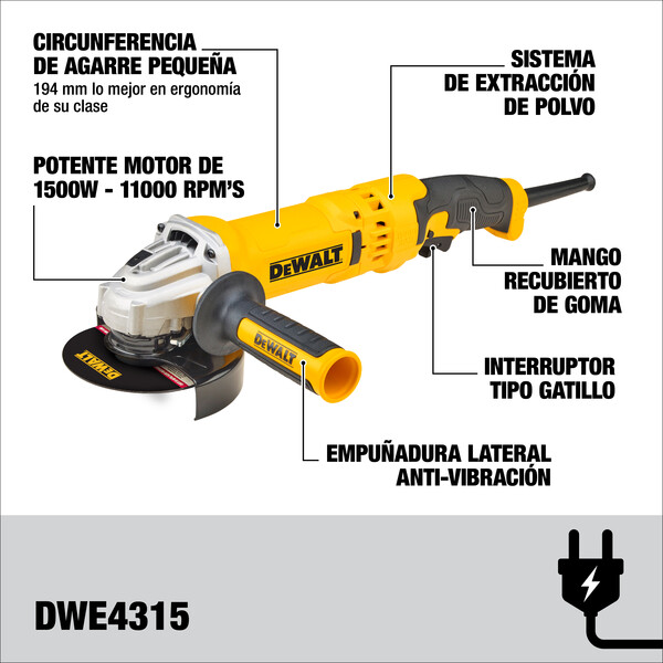 ESMERILADORA ANGULAR 4-1/2"/5" 1500 W DWE4315B3 DEWALT