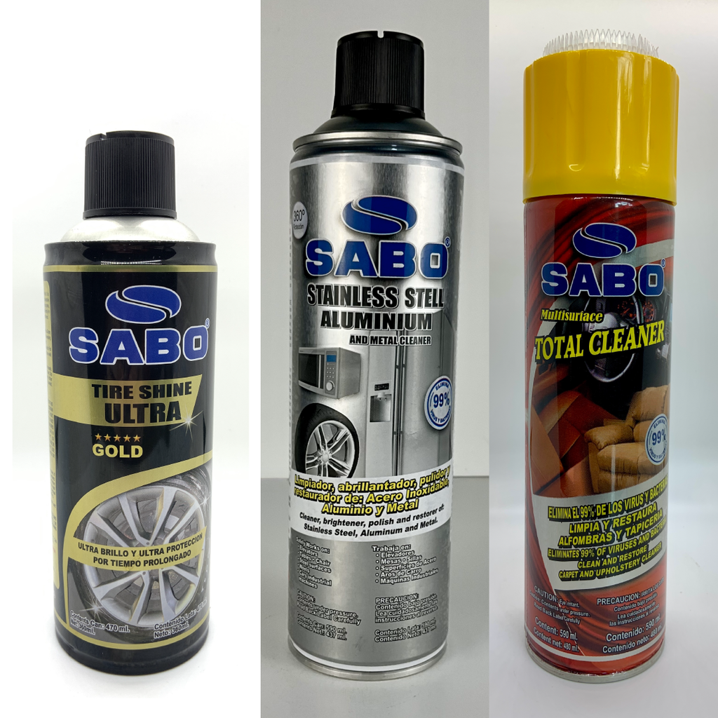 KIT 1 (TIRE SHINE ULTRA 470 ML +STAINLESS 590 ML+ TOTAL CLEANER 590 ML) KIT1SABO SABO