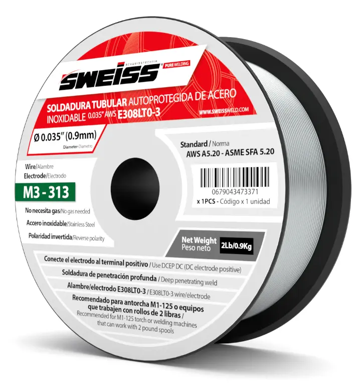 ROLLO SOLDADURA TUBULAR ACERO INOXIDABLE AUTOPROTEGIDO (SIN GAS) 0.035" 0.9MM AWS E308LT0-3 100MM (2 LBS) M3-313 SWEISS