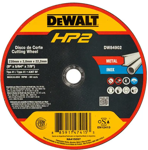 DISCO CORTE METAL PLANO 230X2.0X22.23MM 9" DW84902 DEWALT