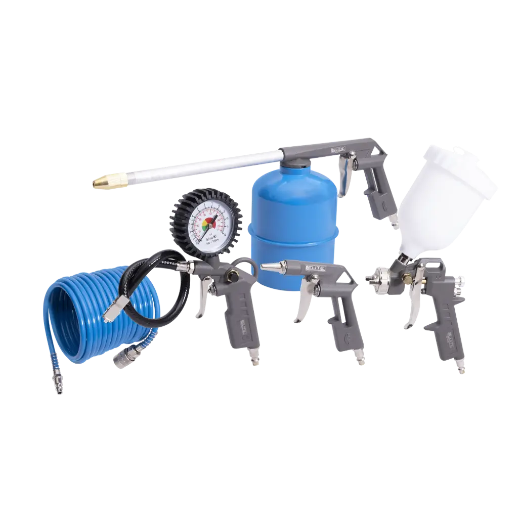 KIT DE PISTOLA DE PINTURA, SOPLADO, LAVADO, INFLADORA Y MANGUERA ESPIRAL HEELAIRKIT5 ELITE