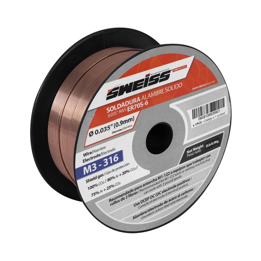 [M3-316] ROLLO SOLDADURA ALAMBRE MIG SOLIDO ER70S-6 ACERO AL CARBON 0.035" 0.9mm AWS (2 Lb) M3-316 SWEISS